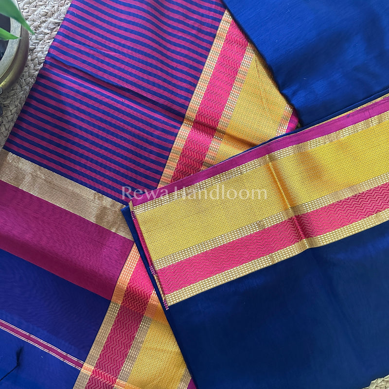 Maheshwari Royal Blue Ganga Jamuna Rewa Border Saree GJD03