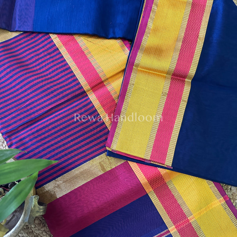 Maheshwari Royal Blue Ganga Jamuna Rewa Border Saree GJD03