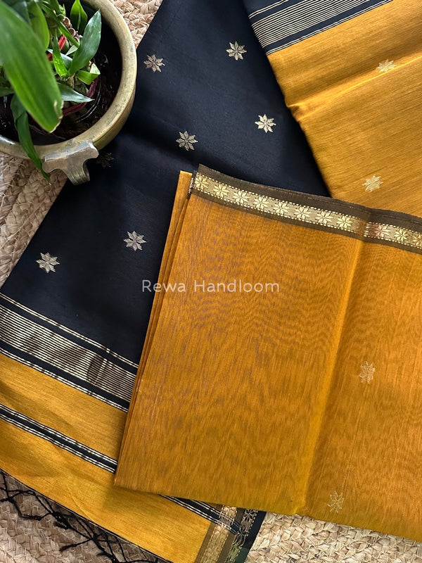 Mustard Yellow-Black Zari Butti Maheshwari Saree SBS0011