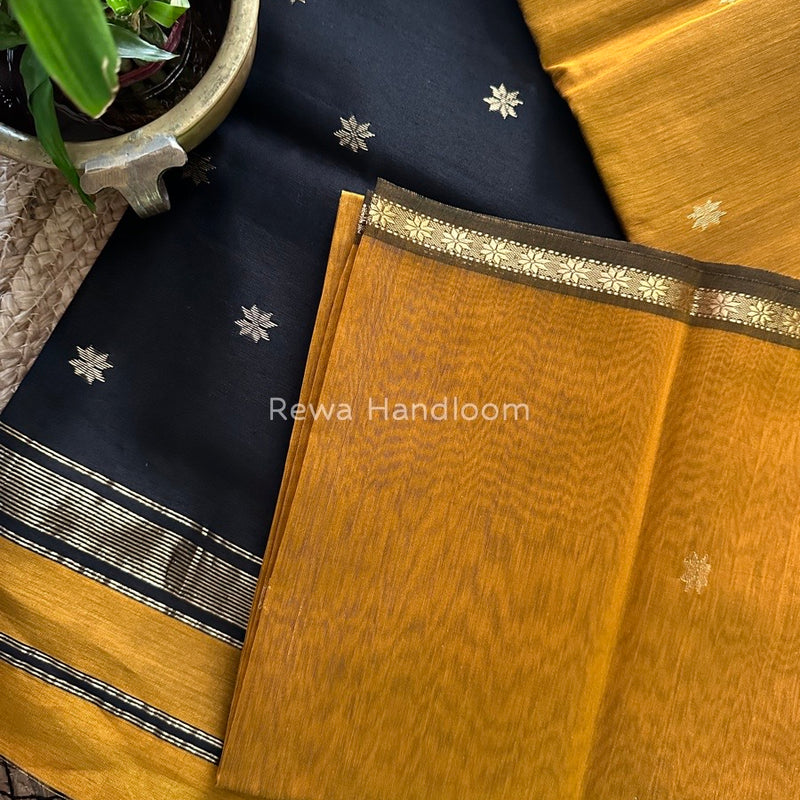 Mustard Yellow-Black Zari Butti Maheshwari Saree SBS0011