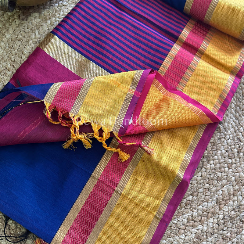 Maheshwari Royal Blue Ganga Jamuna Rewa Border Saree GJD03