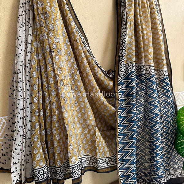 Turmeric yellow-White Chanderi Silk Printed Saree CPS012