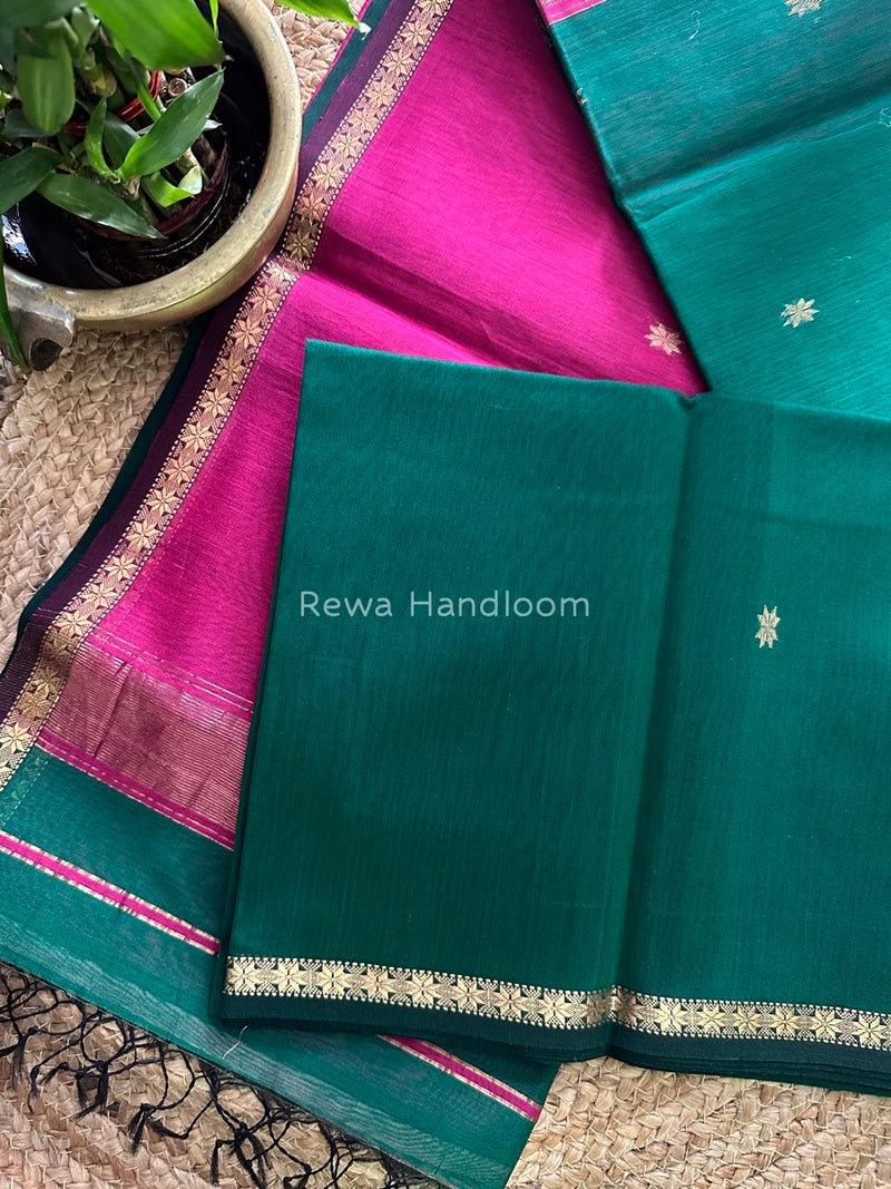 Green-Rani Pink Zari Butti Maheshwari Saree SBS0012
