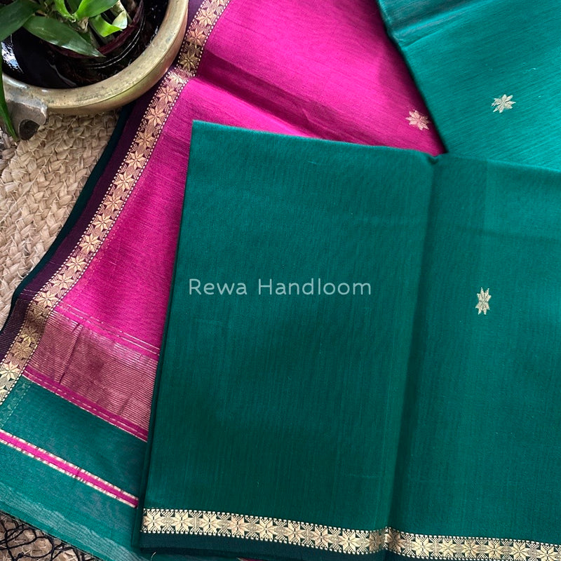 Green-Rani Pink Zari Butti Maheshwari Saree SBS0012