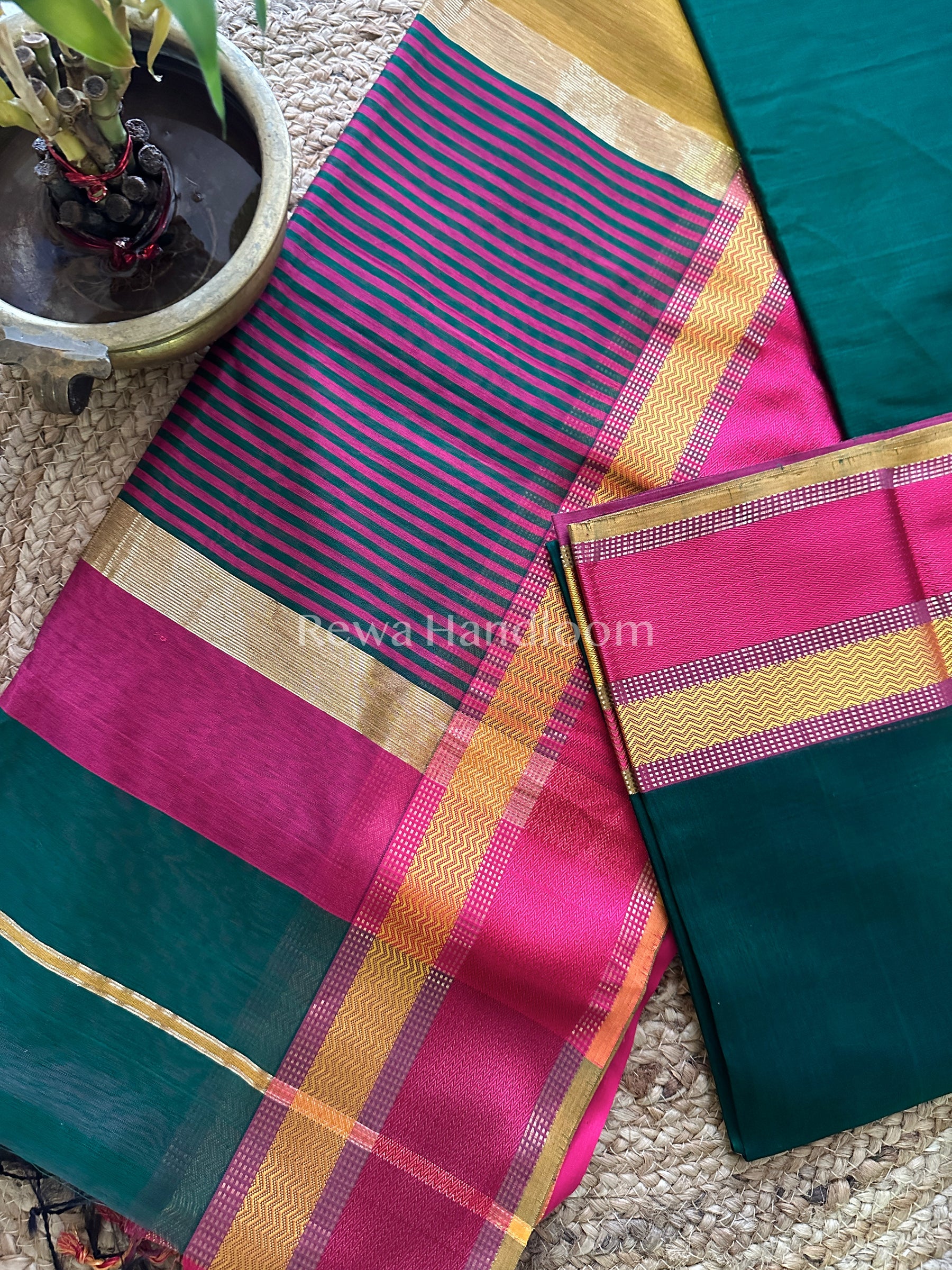 Maheshwari Green Ganga Jamuna Rewa Border Saree 