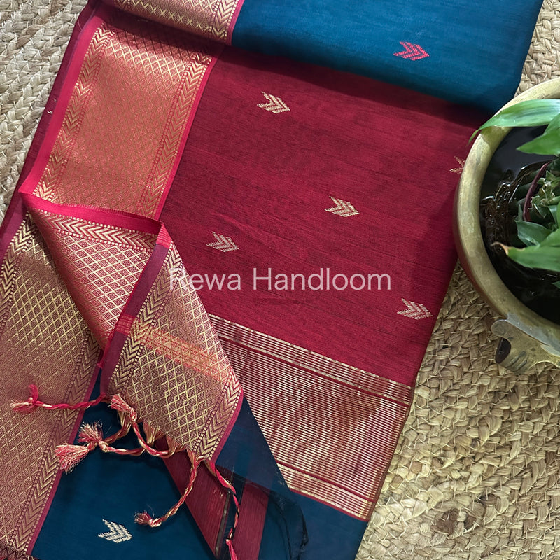 Navy Blue Zari Butti ~ Maheshwari Saree-ZB109