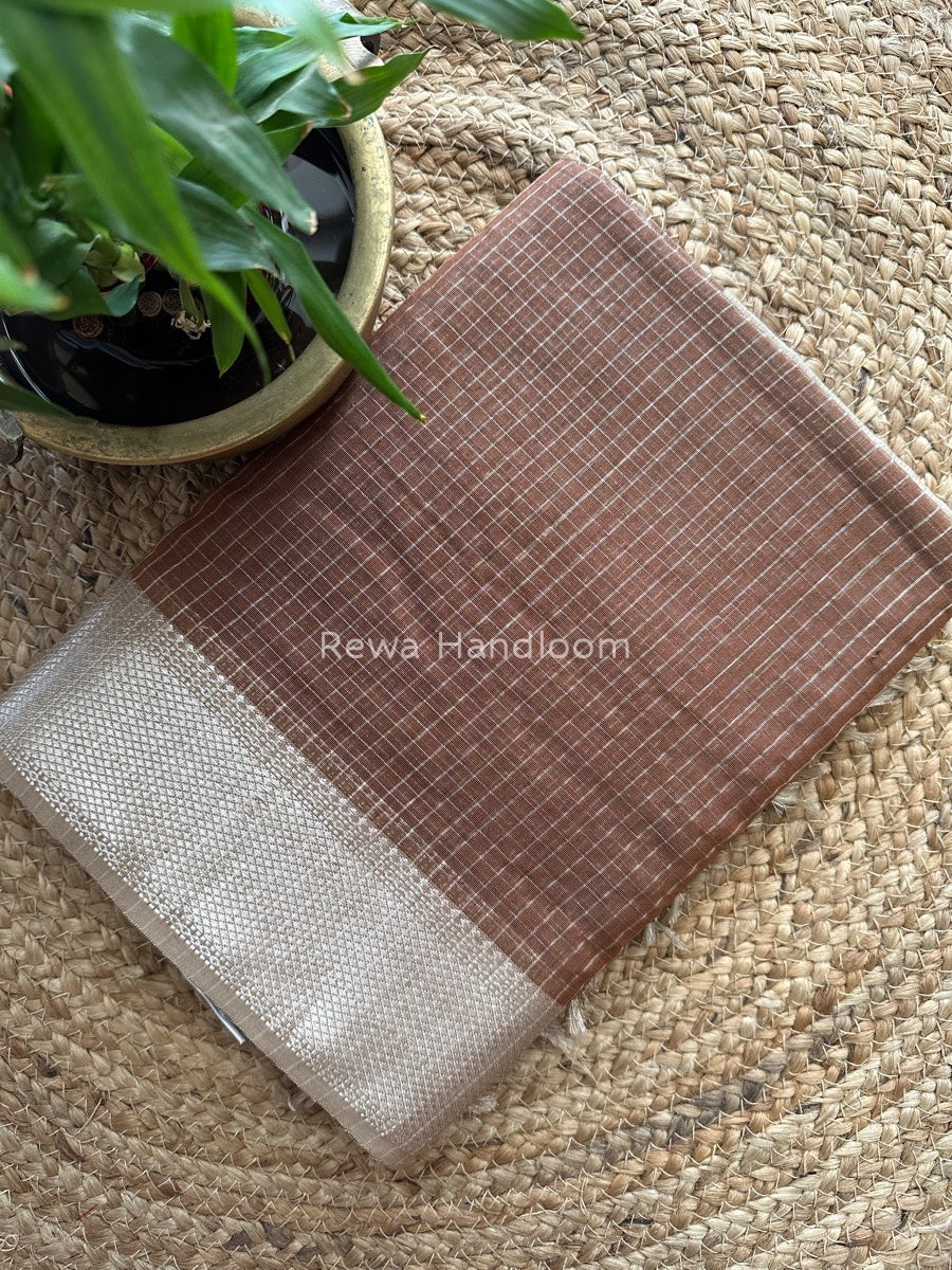 Maheshwari Brown Silver Zari Checks Silk Saree SZ039