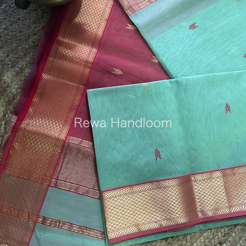Light Pista Green Zari Butti ~ Maheshwari Saree-ZB118