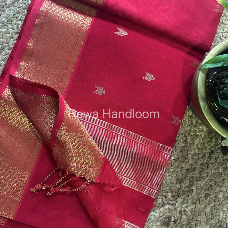 Red Zari Butti ~ Maheshwari Saree-ZB116