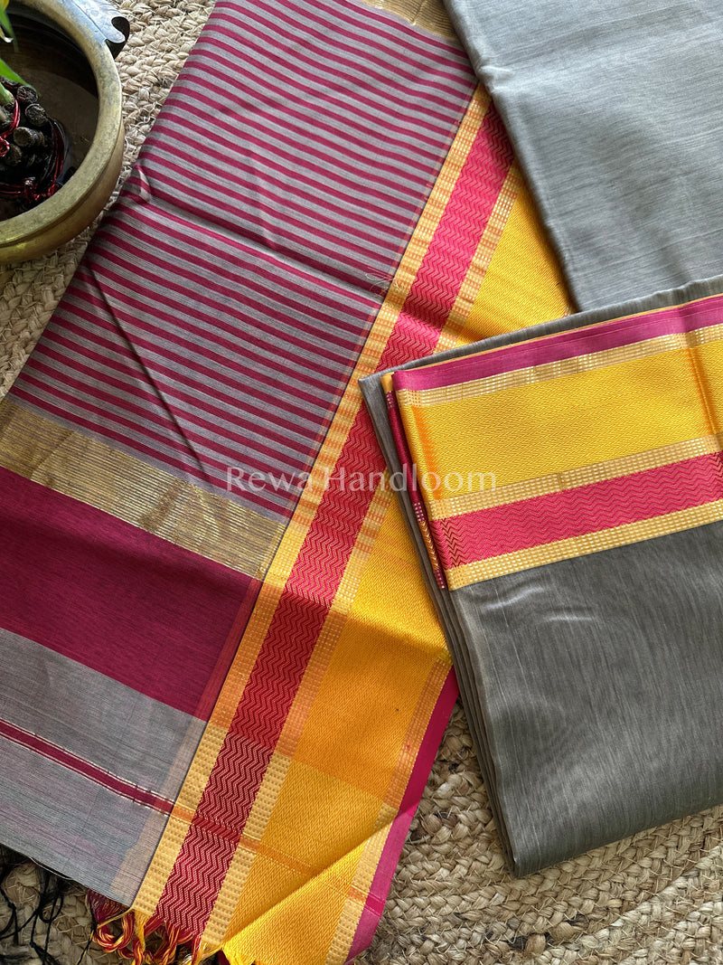 Maheshwari Grey Ganga Jamuna Rewa Border Saree GJD08