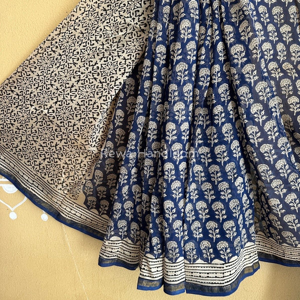 Navy Blue-White Chanderi Silk Printed Saree CPS023