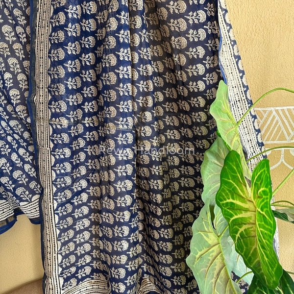Navy Blue-White Chanderi Silk Printed Saree CPS023