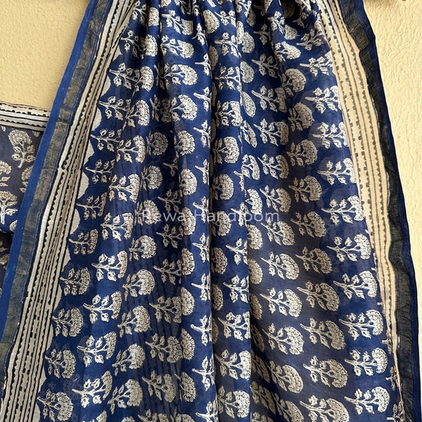 Navy Blue-White Chanderi Silk Printed Saree CPS023