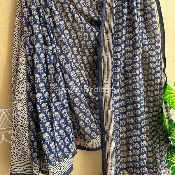 Navy Blue-White Chanderi Silk Printed Saree CPS023