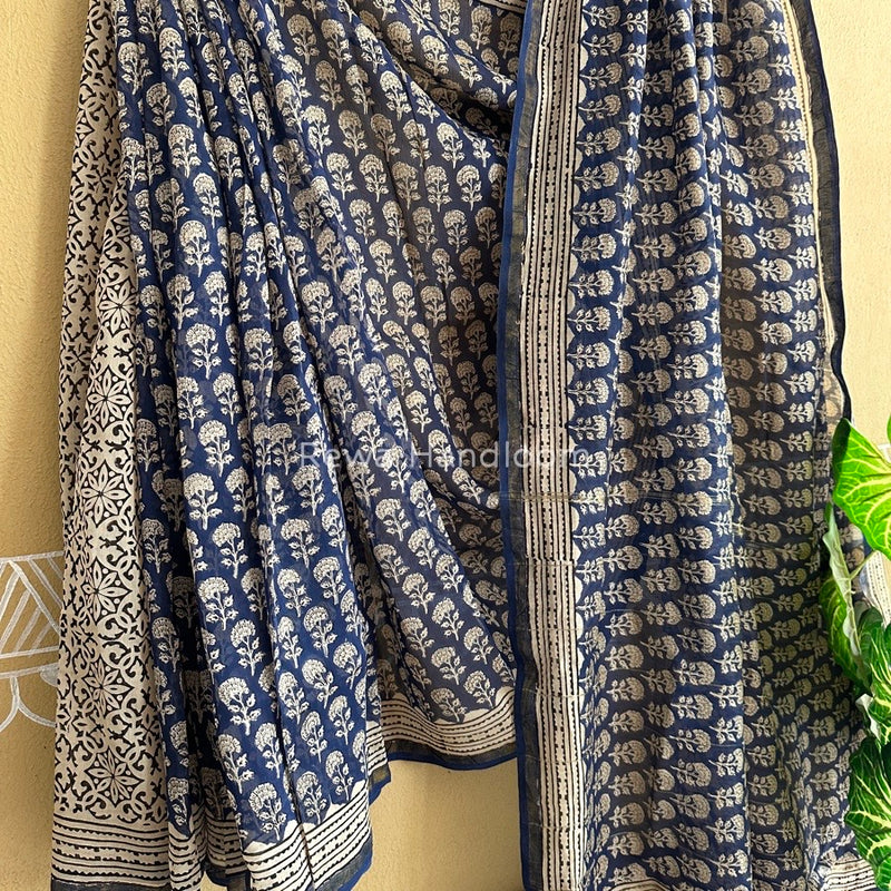 Navy Blue-White Chanderi Silk Printed Saree CPS023