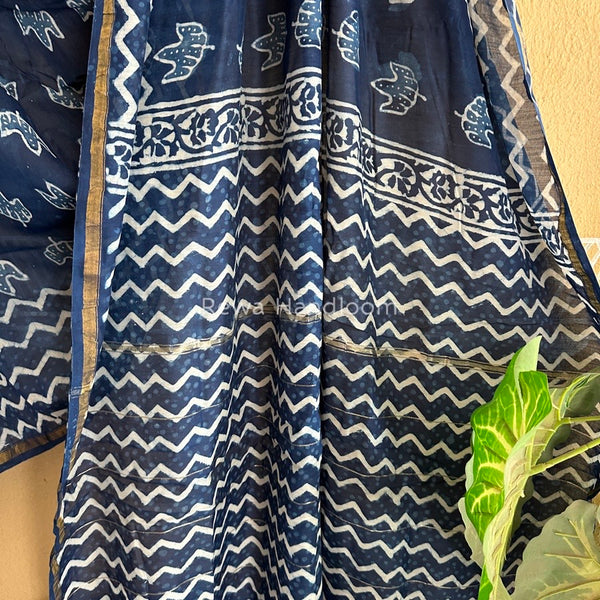 Blue-White Chanderi Silk Printed Saree CPS015