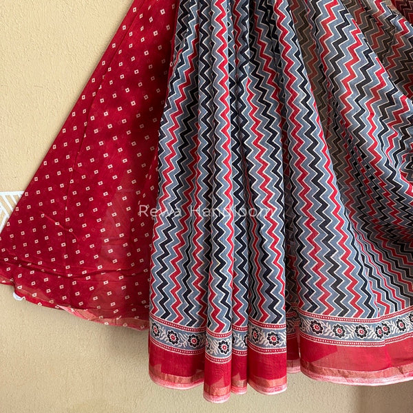 Grey-Red Chanderi Silk Printed Saree CPS021