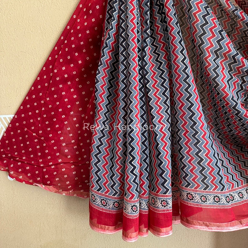 Grey-Red Chanderi Silk Printed Saree CPS021