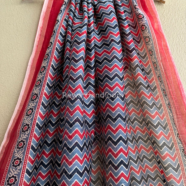 Grey-Red Chanderi Silk Printed Saree CPS021