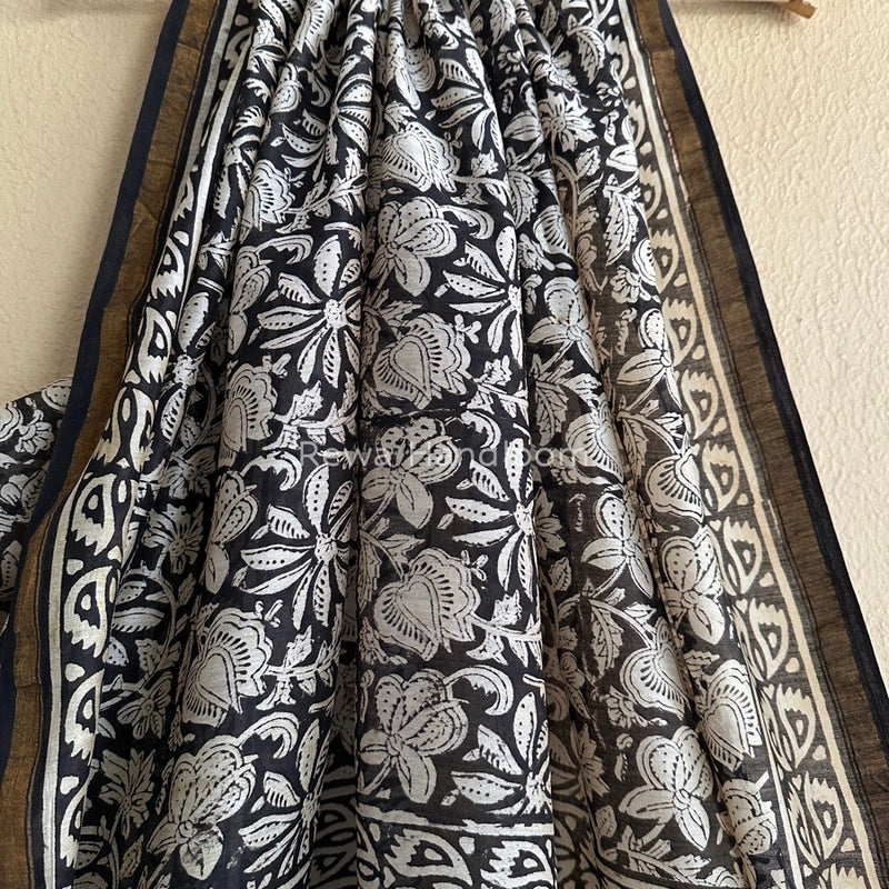 Black-White Chanderi Silk Printed Saree CPS027