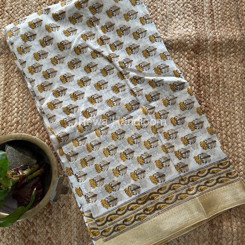White-Brown Chanderi Maheshwari Border Suit CMBS08