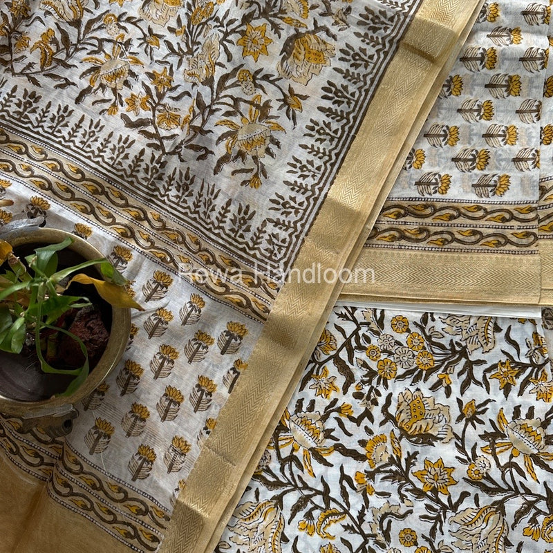 White-Brown Chanderi Maheshwari Border Suit CMBS08