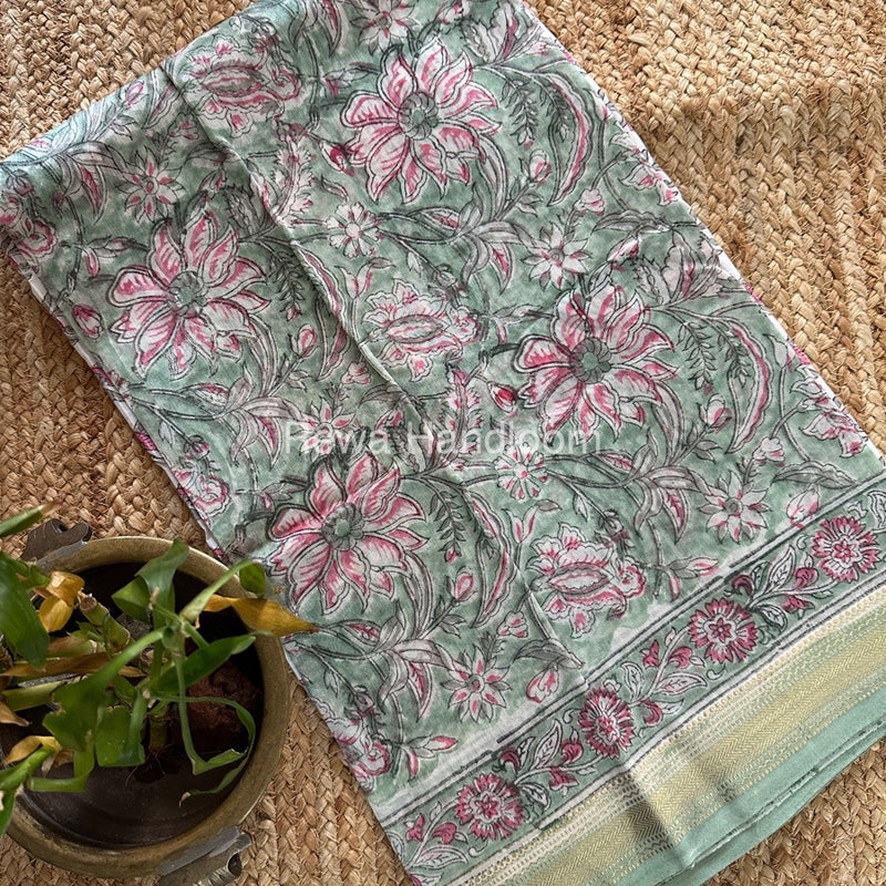Pista Green-White Chanderi Maheshwari Border Suit CMBS07