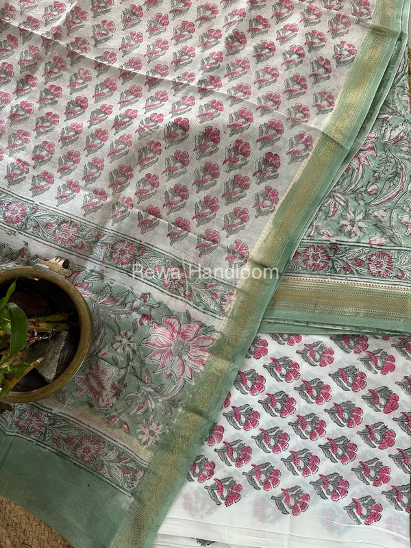 Pista Green-White Chanderi Maheshwari Border Suit CMBS07