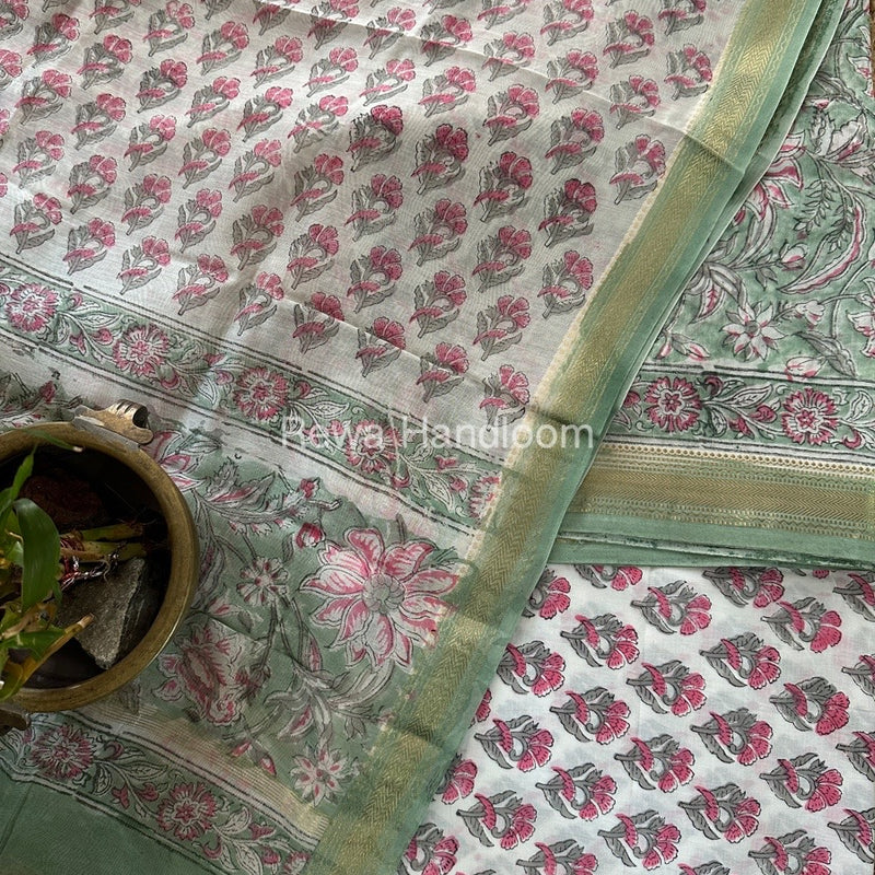 Pista Green-White Chanderi Maheshwari Border Suit CMBS07