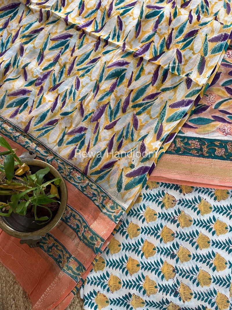 Peach-White Chanderi Maheshwari Border Suit CMBS06
