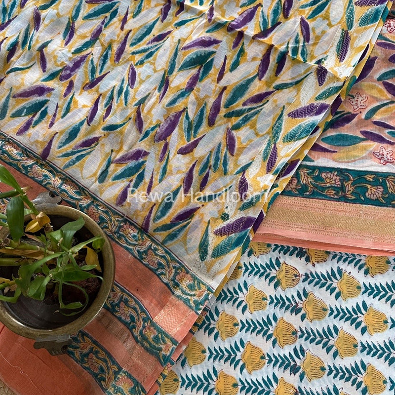 Peach-White Chanderi Maheshwari Border Suit CMBS06