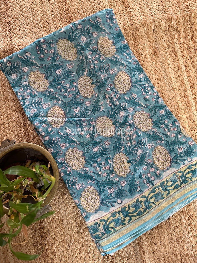 Teal Blue-Yellow Chanderi Printed Suit CBS029