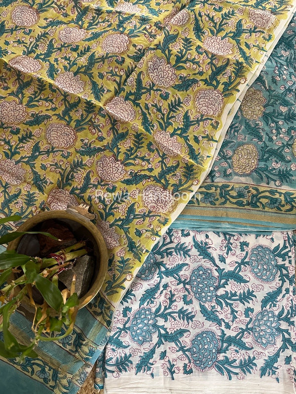 Teal Blue-Yellow Chanderi Printed Suit CBS029