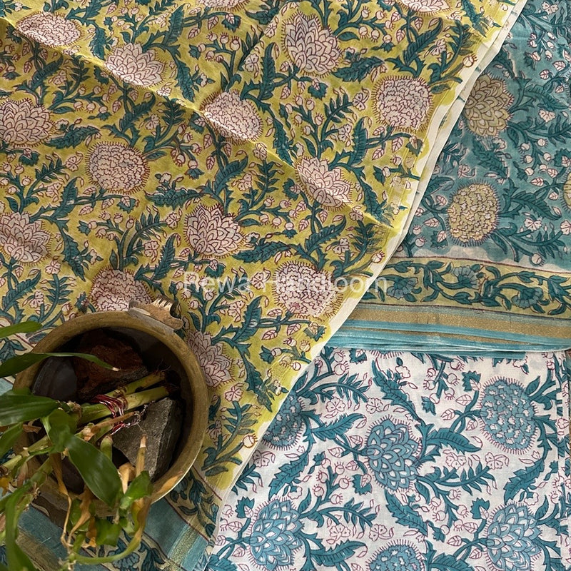 Teal Blue-Yellow Chanderi Printed Suit CBS029
