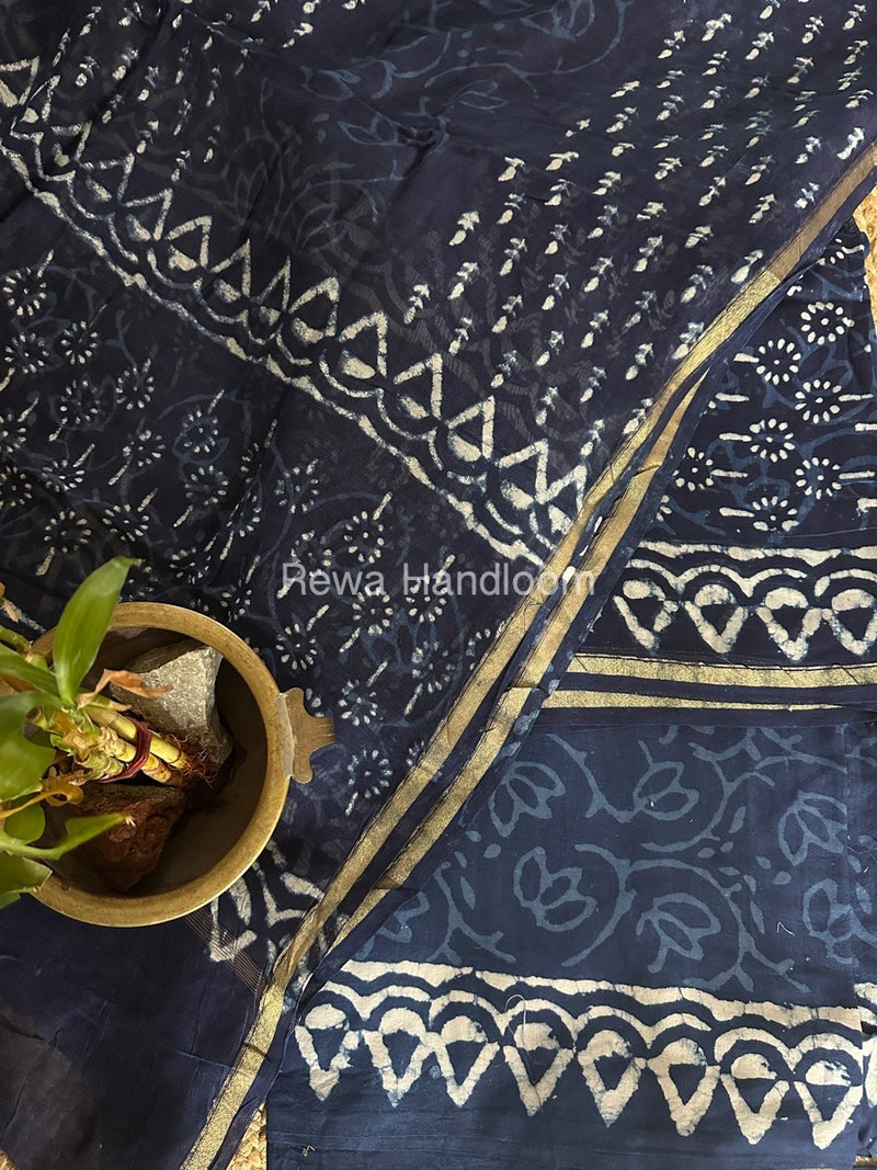Navy Blue-White Chanderi Printed Suit CBS031