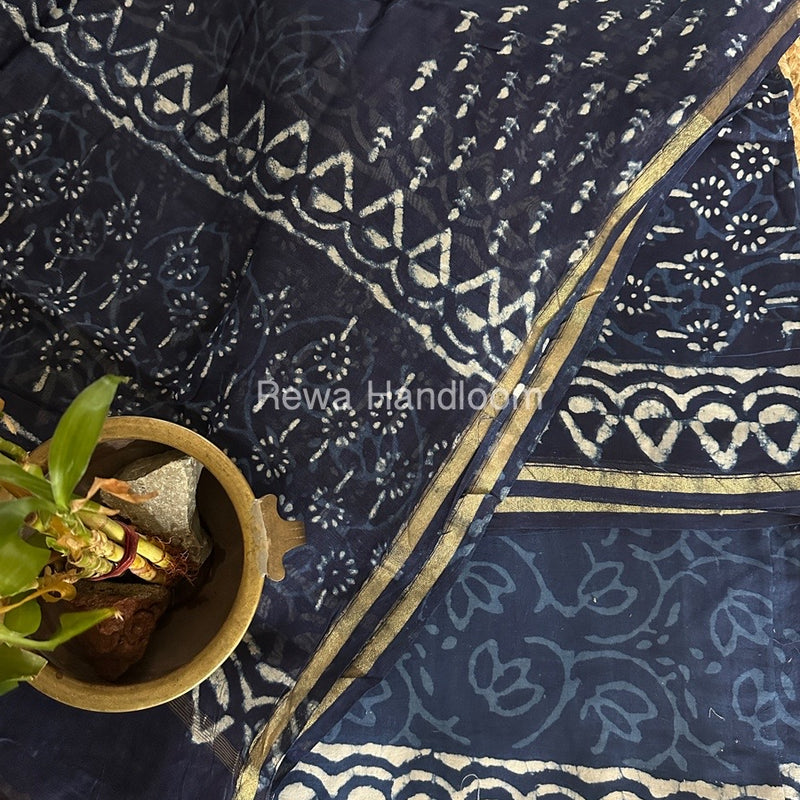 Navy Blue-White Chanderi Printed Suit CBS031