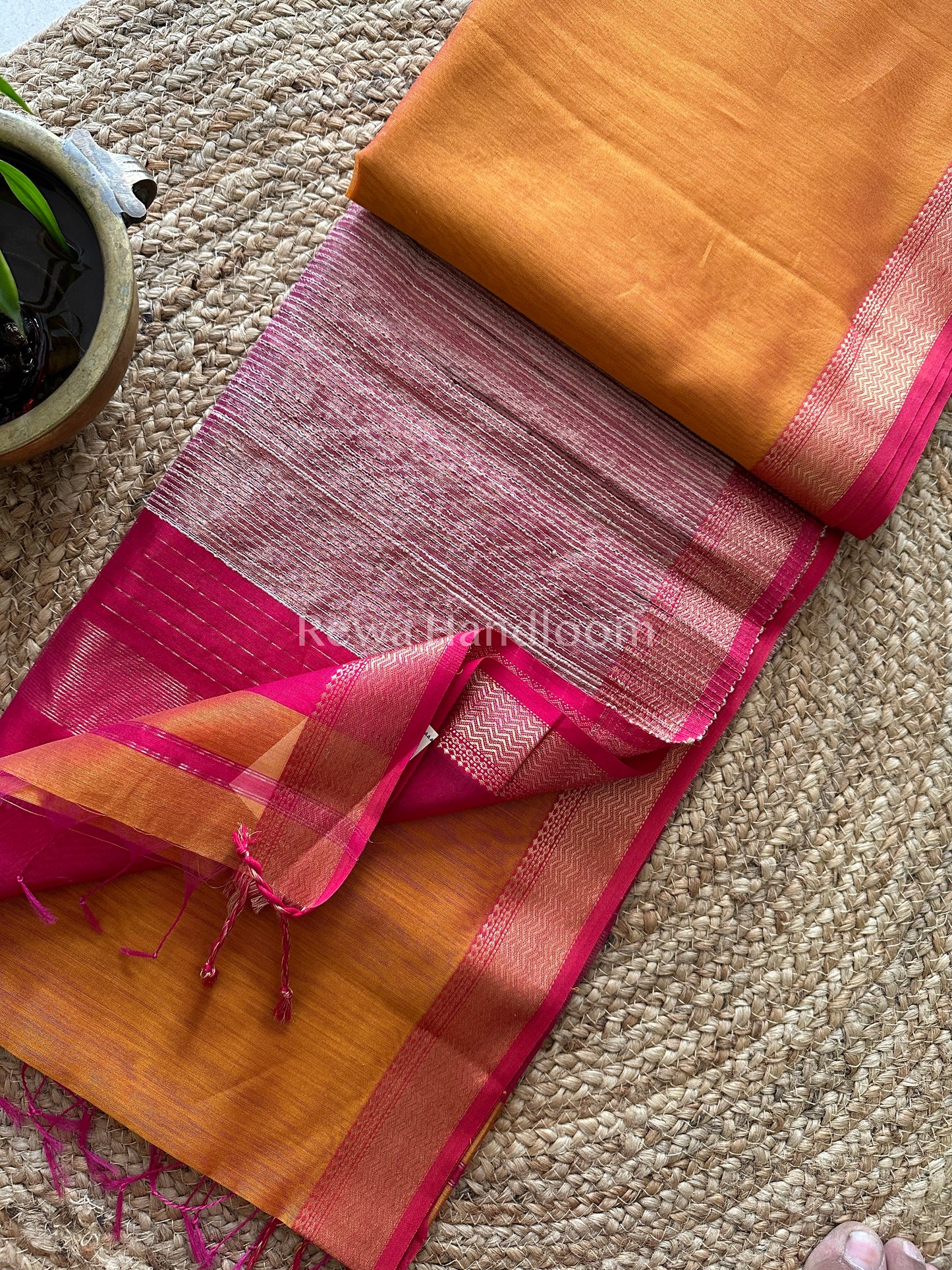 Maheshwari Golden Yellow Rewa Border Saree