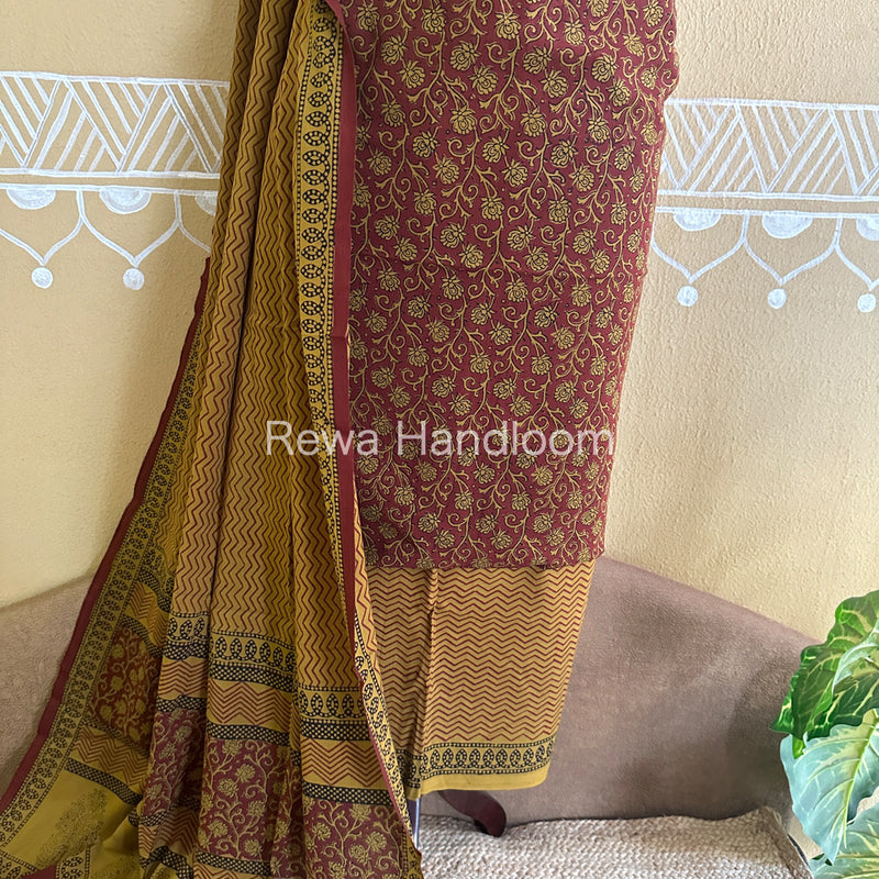 Red-Mustard Yellow Bagh Print Cotton Suit-BCSP54