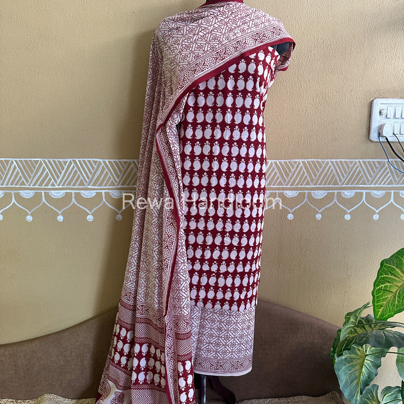White-Red Bagh Print Cotton Suit with Aami Butta- BCSP48