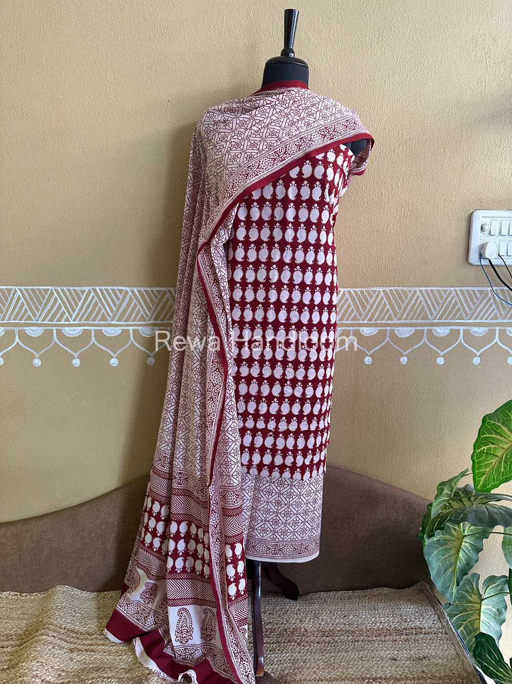 White-Red Bagh Print Cotton Suit with Aami Butta- BCSP48