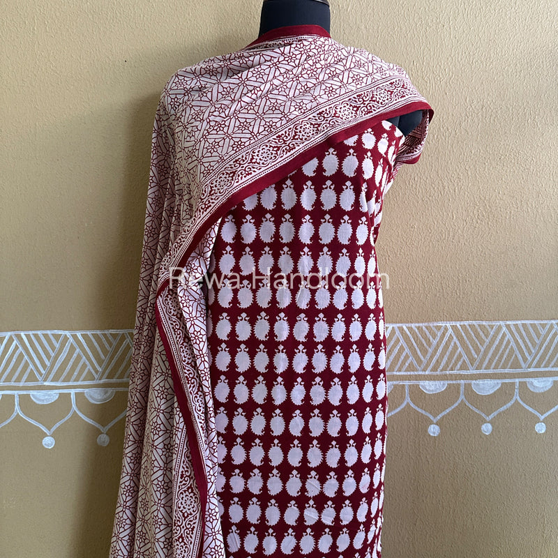 White-Red Bagh Print Cotton Suit with Aami Butta- BCSP48