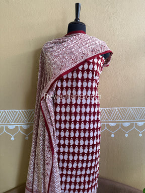 White-Red Bagh Print Cotton Suit with Aami Butta- BCSP48