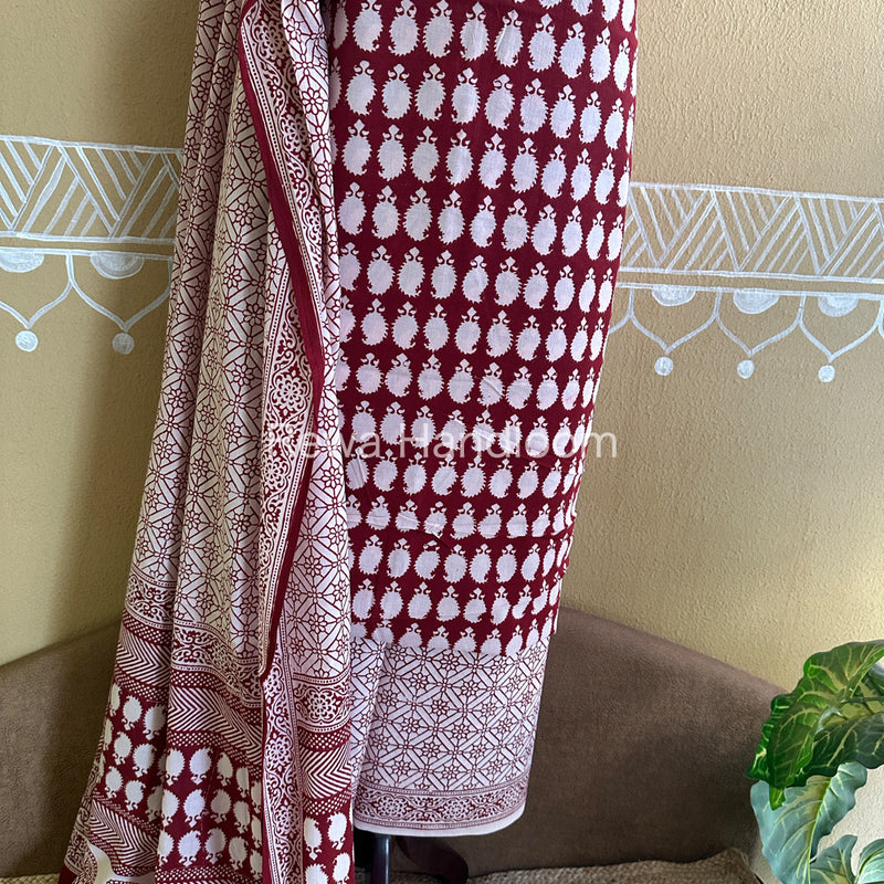White-Red Bagh Print Cotton Suit with Aami Butta- BCSP48