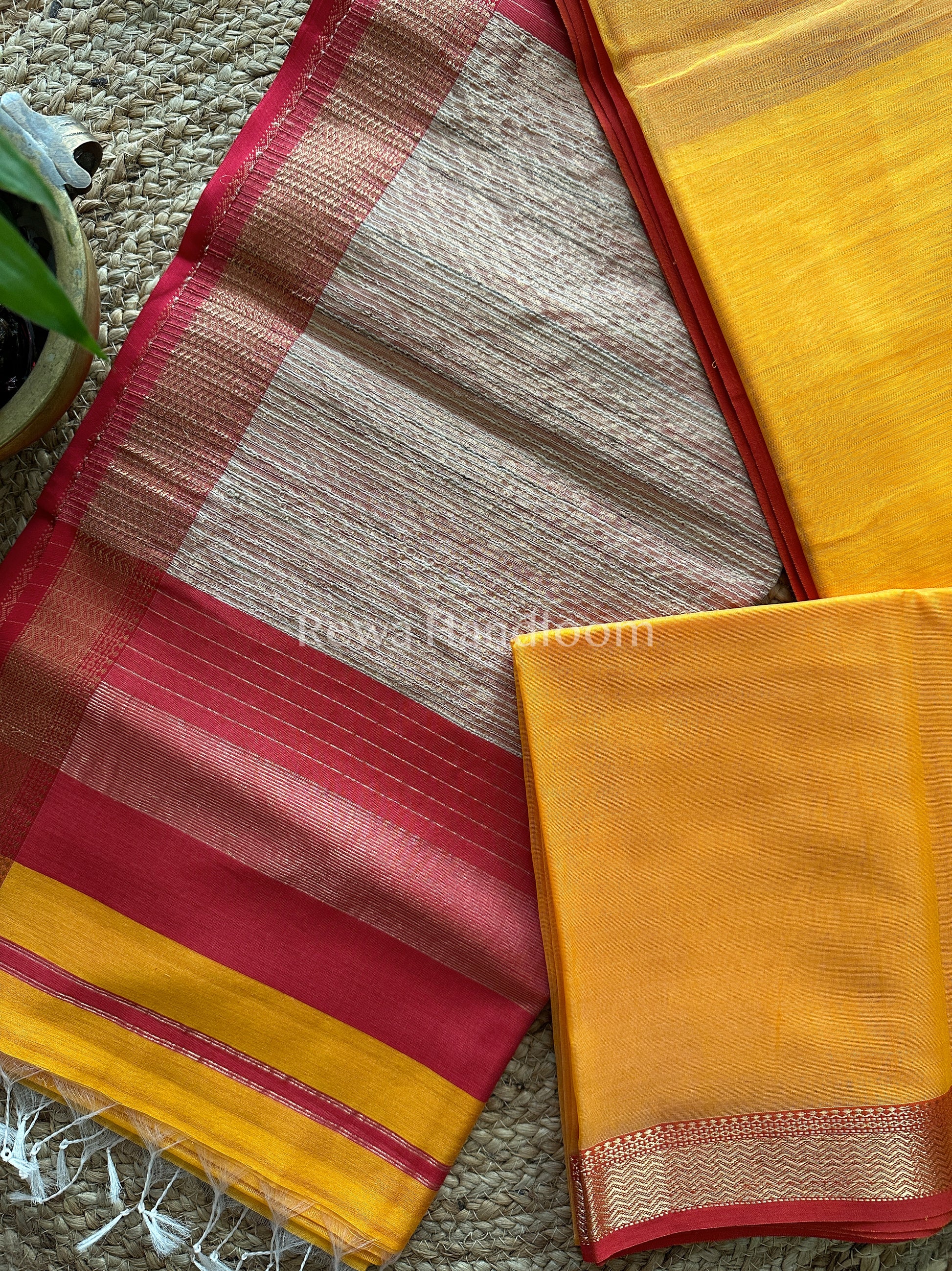 Maheshwari Yellow Rewa Border Saree 