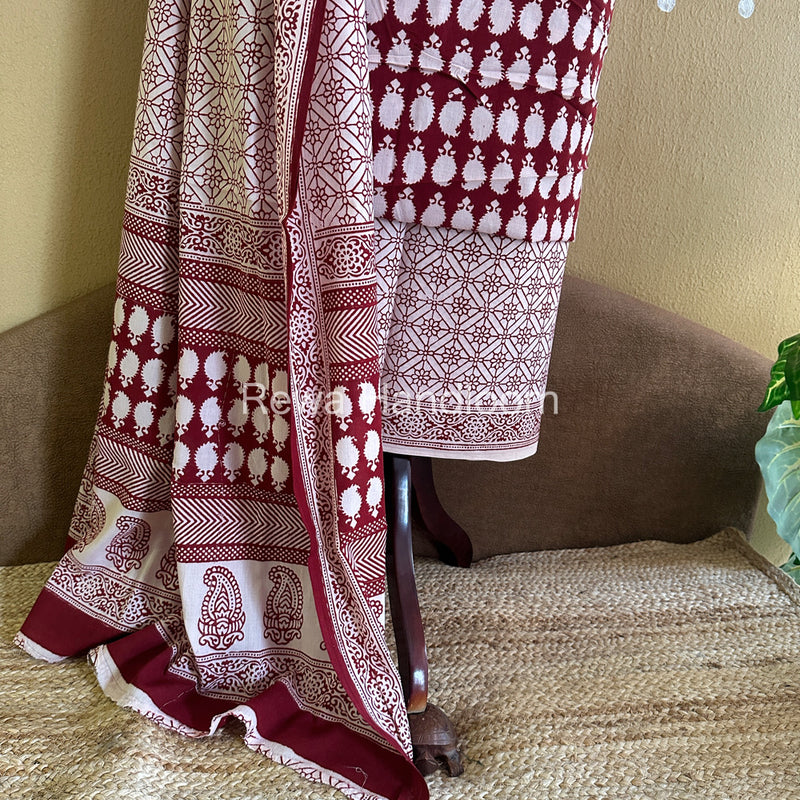 White-Red Bagh Print Cotton Suit with Aami Butta- BCSP48