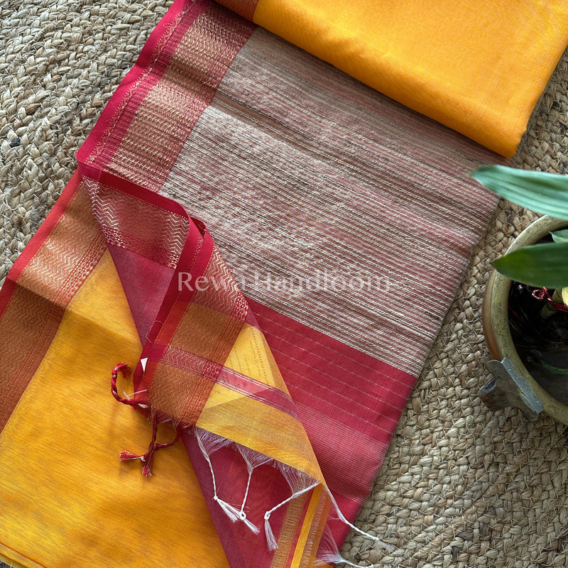 Maheshwari Yellow Rewa Border Saree 