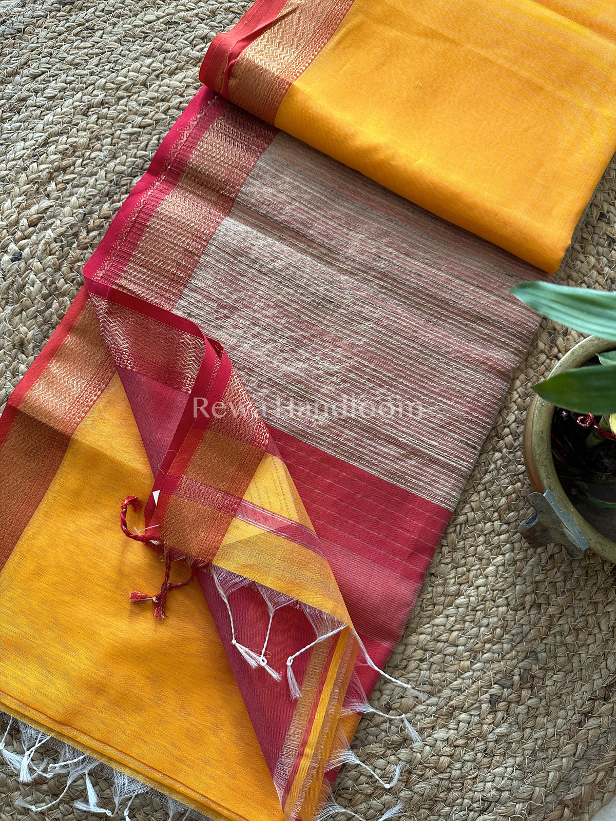 Maheshwari Yellow Rewa Border Saree 