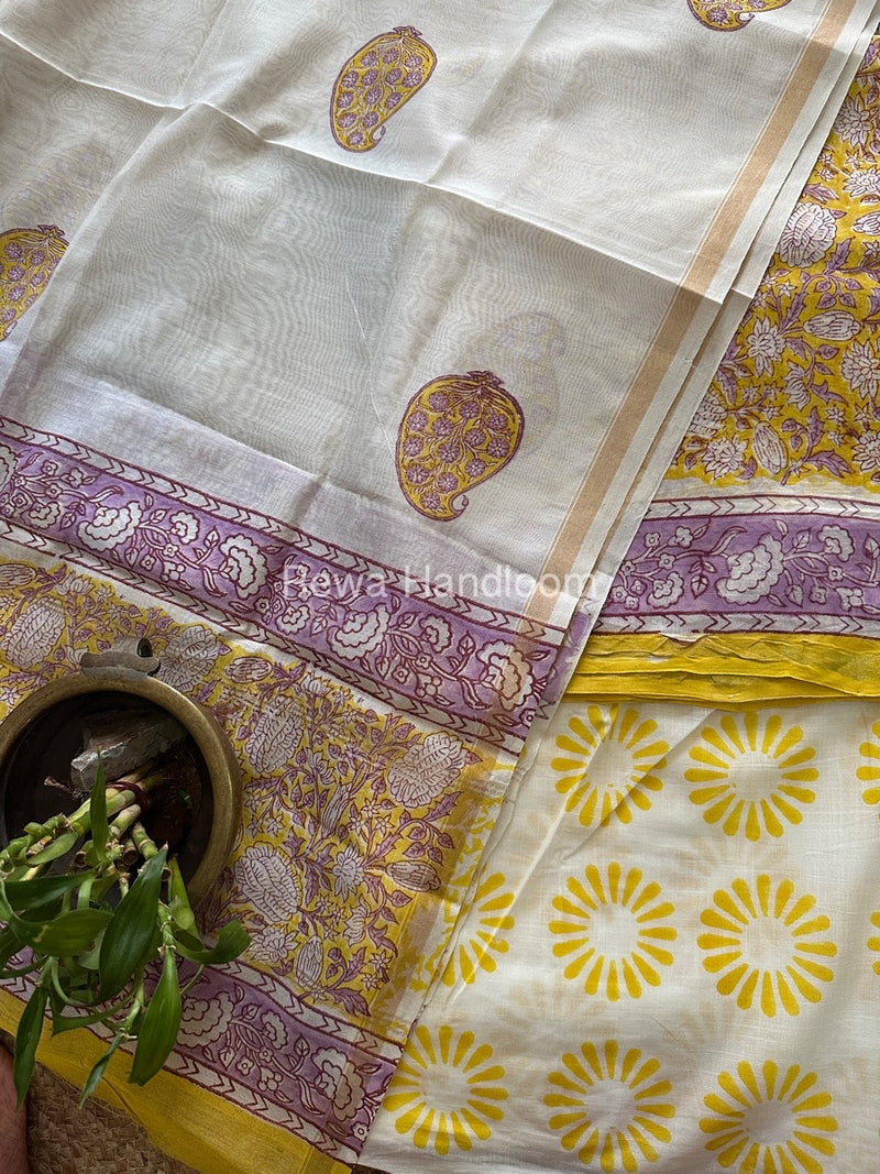 Yellow-White Chanderi Printed Suit CBS027