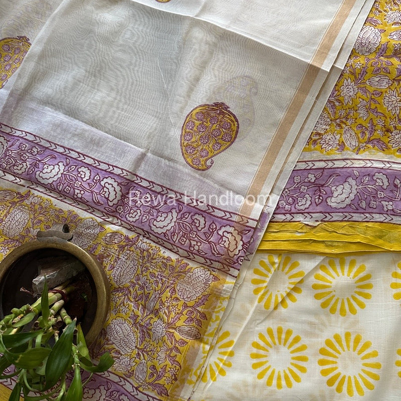 Yellow-White Chanderi Printed Suit CBS027