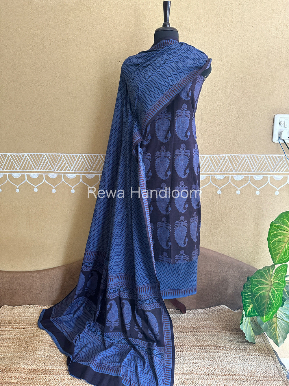 Black-Blue Bagh Print Cotton Suit-BCSP69